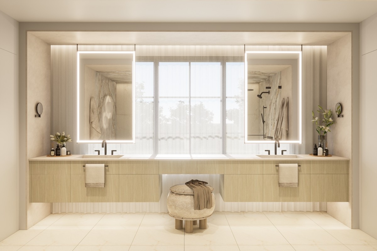 Image of Luxurious primary ensuites with double vanity, modern furniture, and spa bathrooms by KHD Homes design-build.