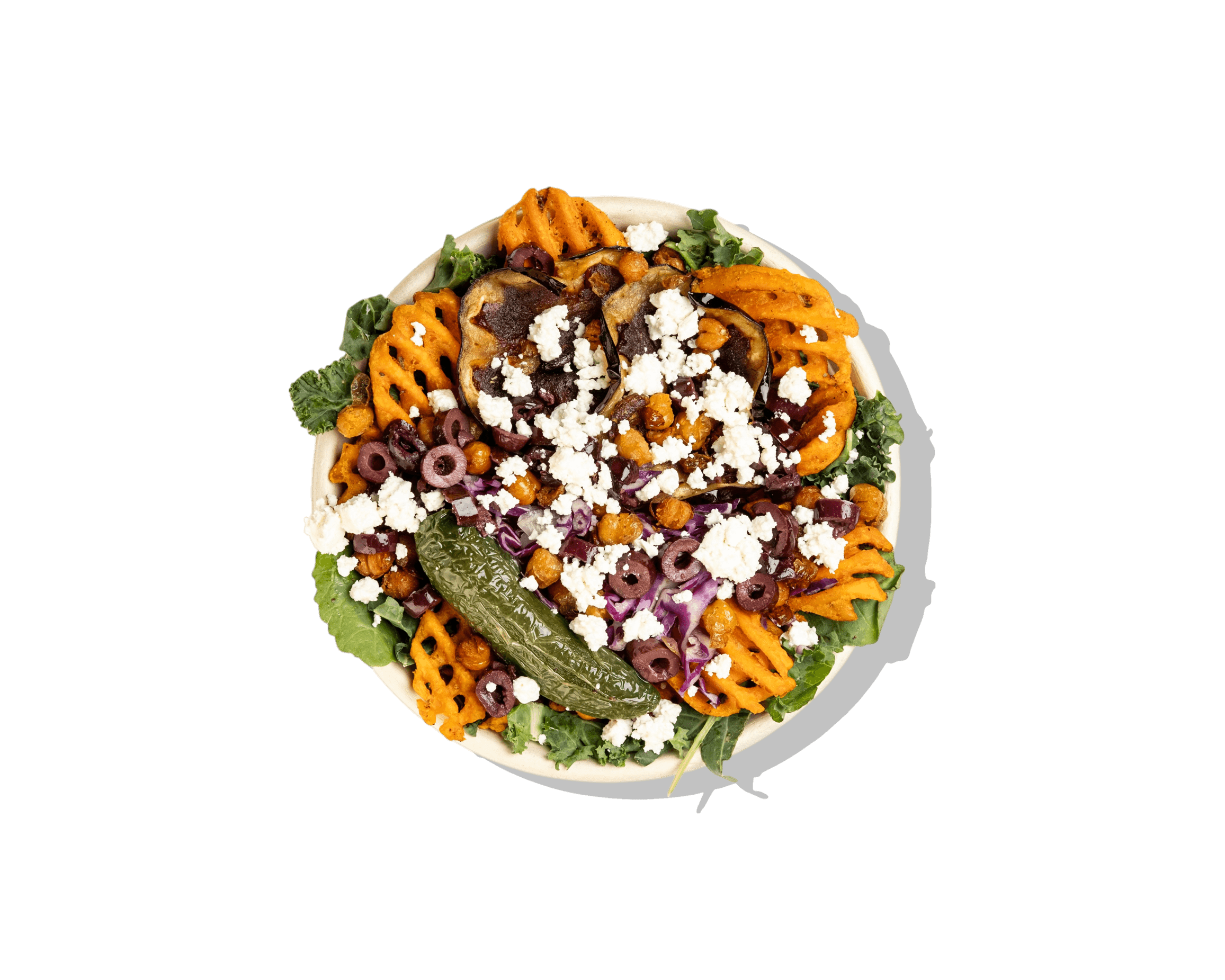 top down shot of a bowl of sweet potato fries with various toppings