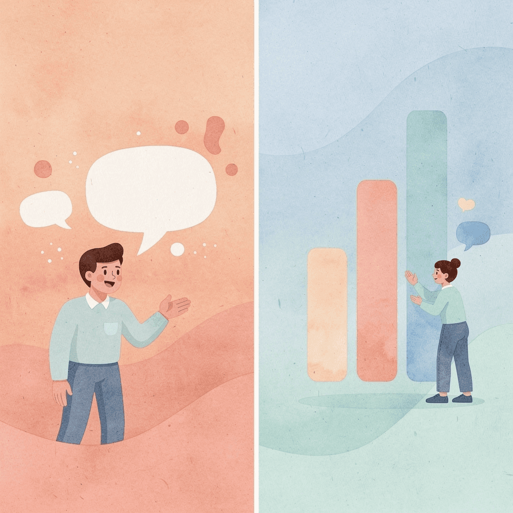 Split scene showing comparison shopping versus focused decision making