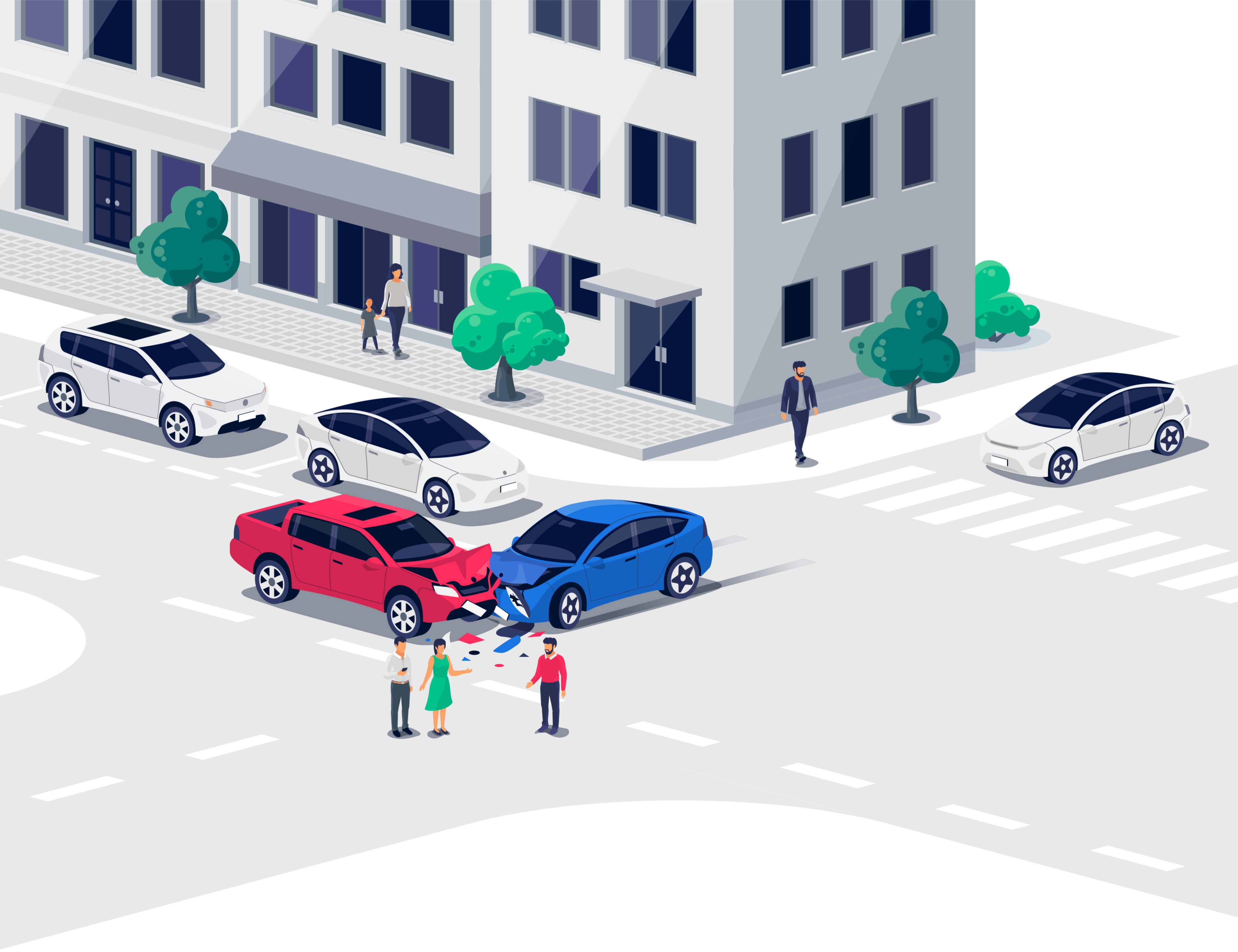cartoon of car accident happening in a busy city intersection
