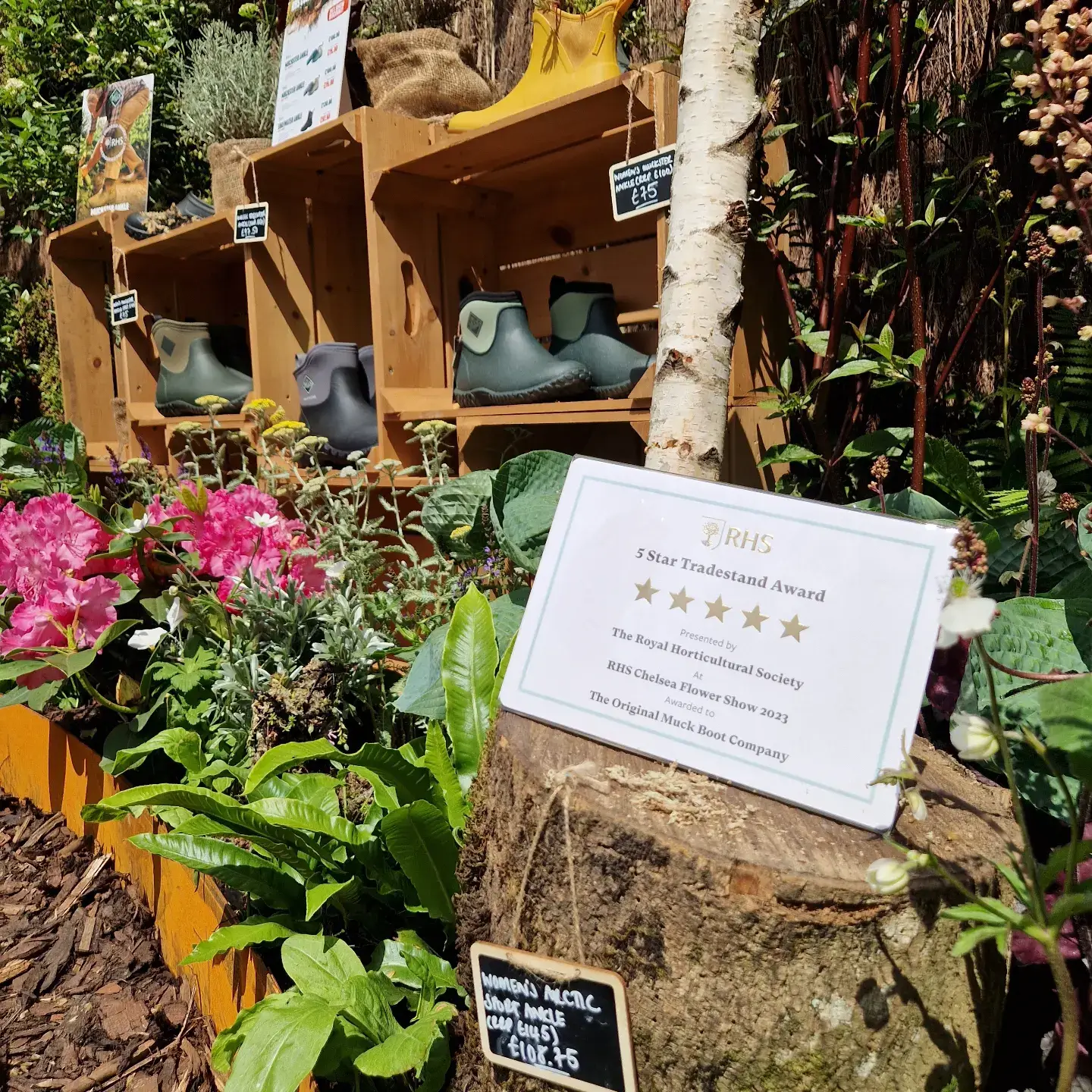 A garden display with wooden shelves, various plants, and a sign about plant care in a natural setting.