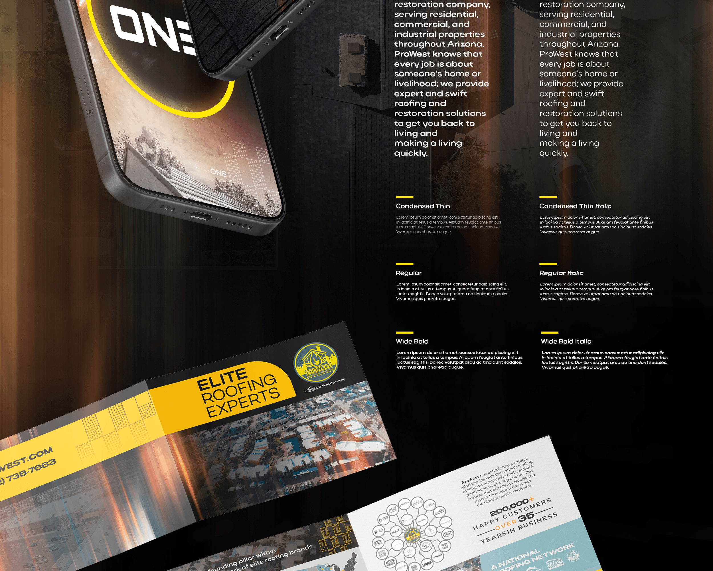 Prowest branded construction mesh with the logo and A ONE Solutions Company tagline above a billboard mockup showing a car crashed through a roof with brand color swatches in yellow, gray, blue, and white