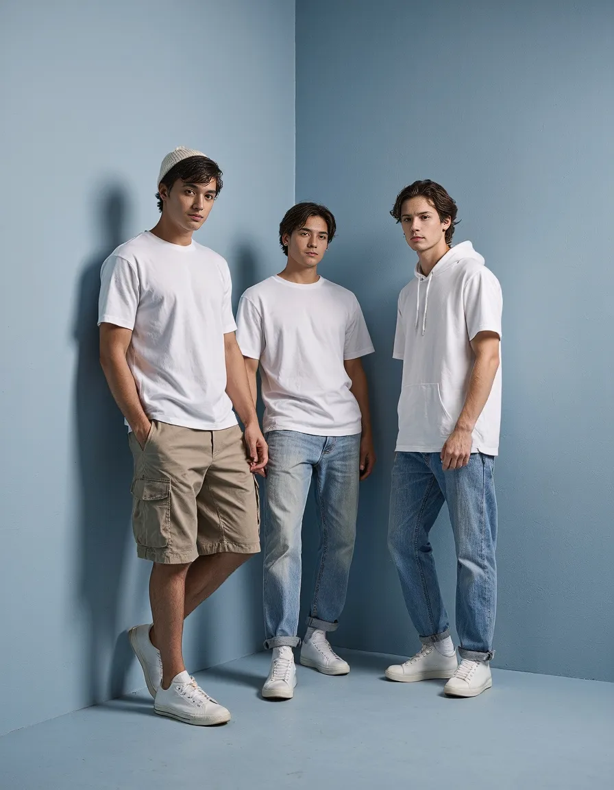 Three models in white tops against blue backdrop - one wearing cargo shorts, two in denim, all with white sneakers in minimal styling