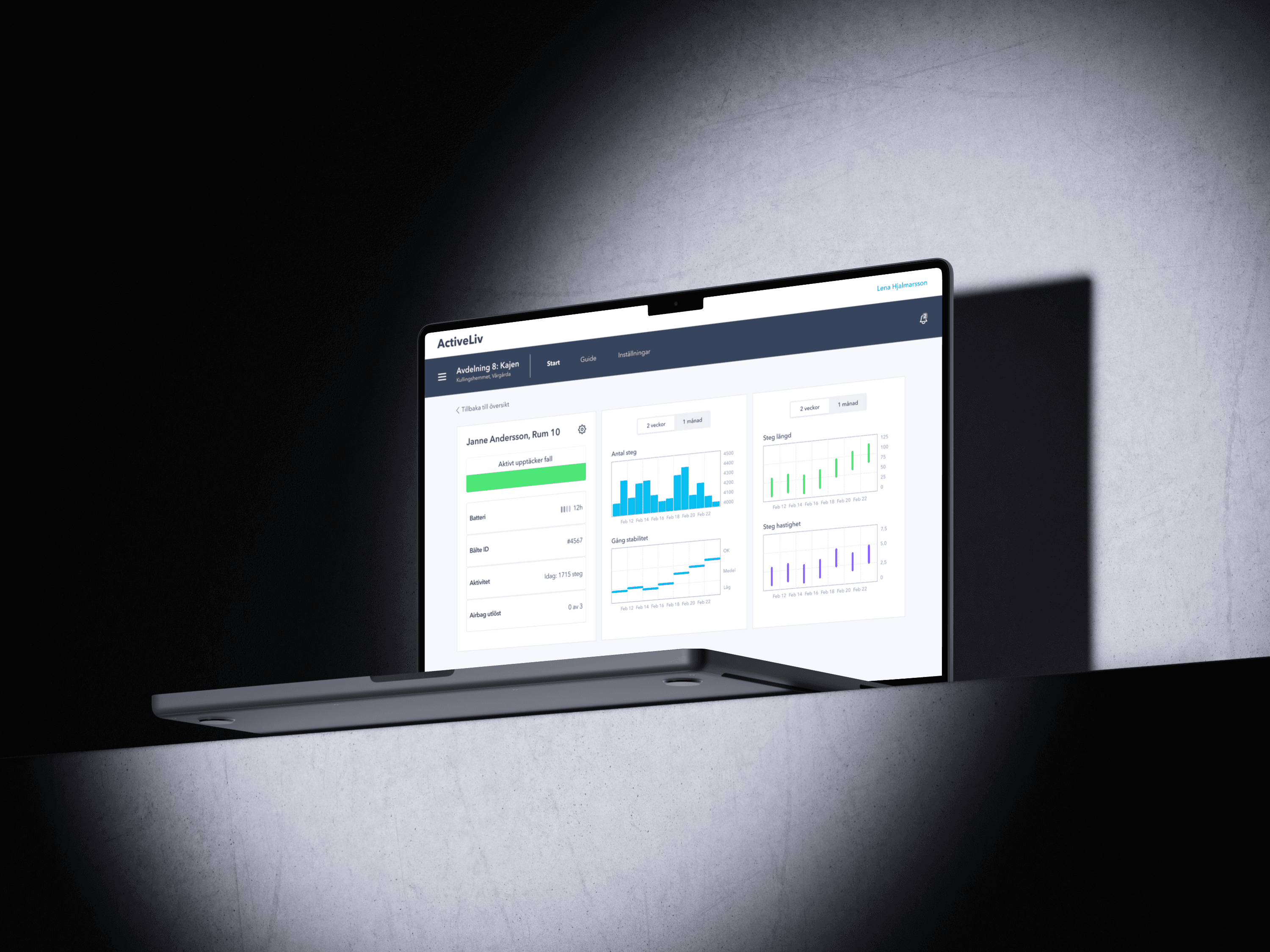 Early-version desktop dashboard for a connected patient safety device, used by nursing staff in care homes and hospitals to monitor trends and support preventive care.