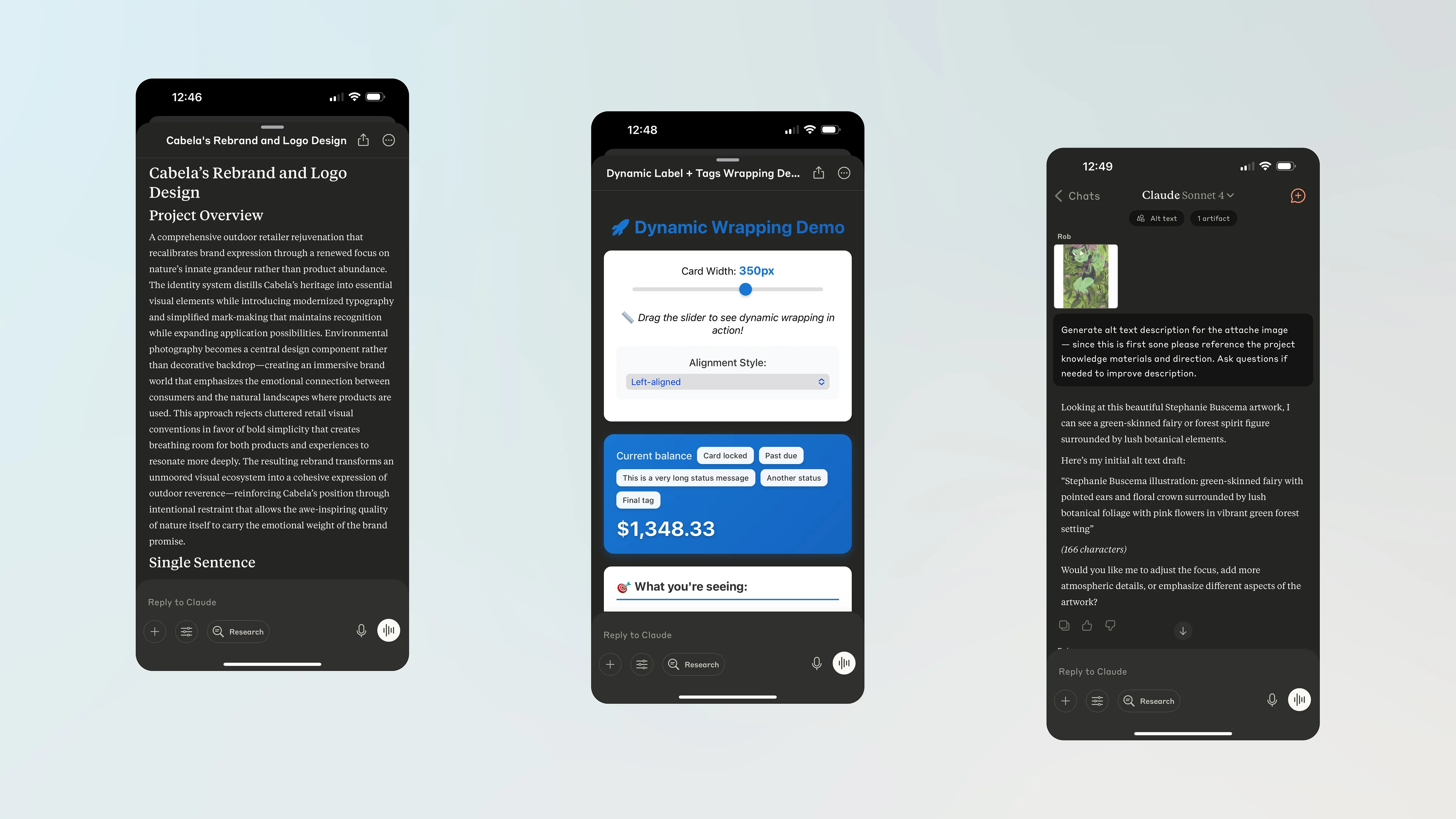Three mobile phone screens showing Claude AI interface: left shows branding project text, center displays dynamic wrapping demo, right shows alt text generation for artwork.