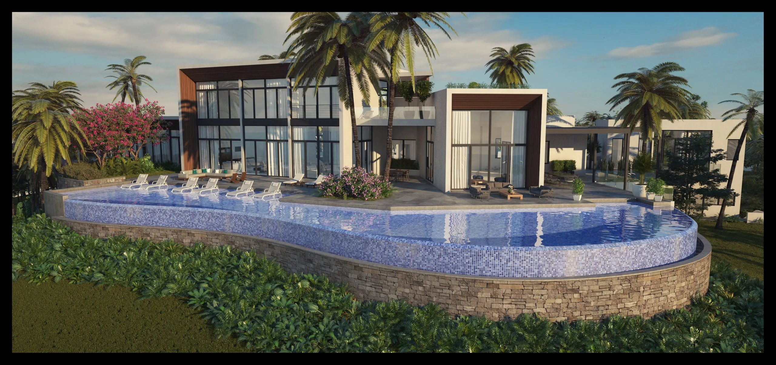Curved mosaic infinity pool with sun deck and modern villa, The Hill residence St. Lucia