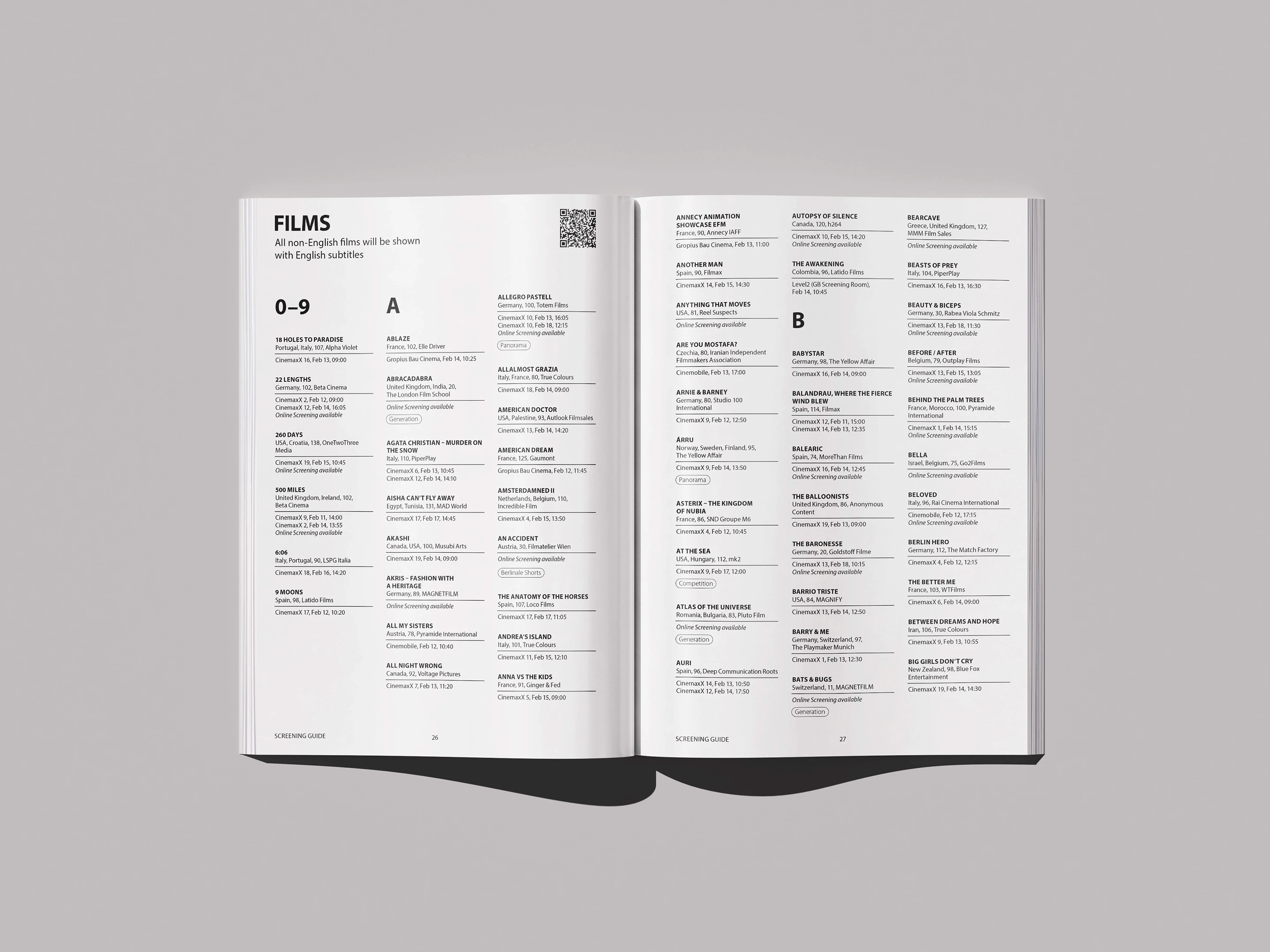 Berlinale EFM Guide 2026 Mockup: aufgeschlagener Screening Guide mit alphabetischer Filmliste inklusive Herkunftsland, Länge und Vorführzeiten