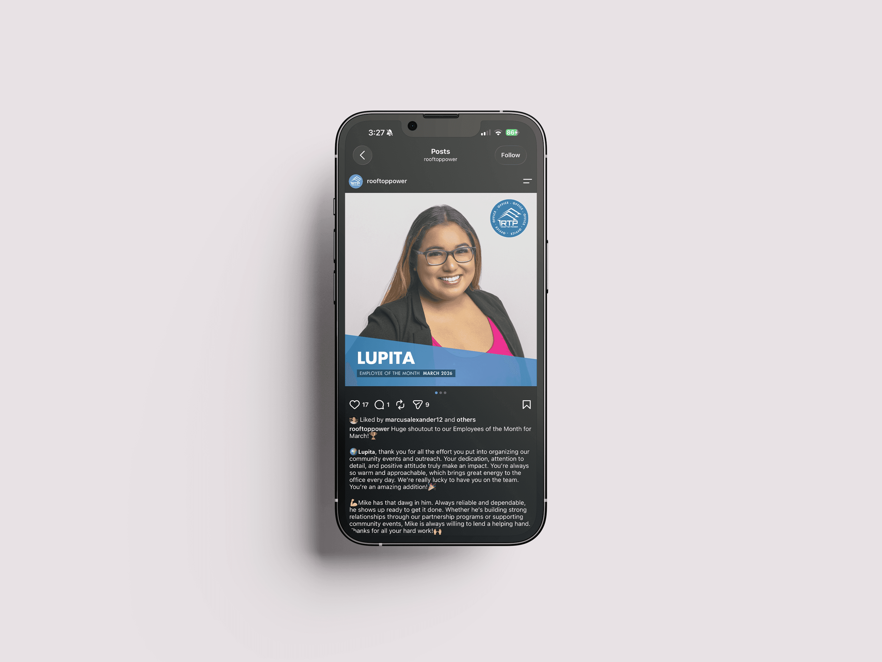 Rooftop Power Employee of the Month Social Media Post