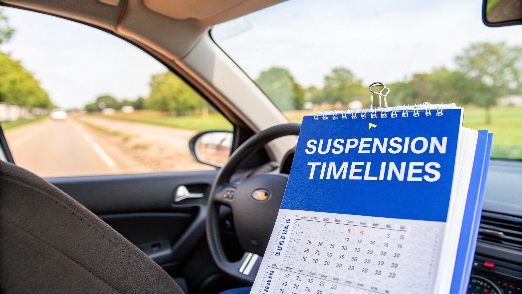 Inside a car, a blue binder titled 'SUSPENSION TIMELINES' is visible, with a road in the background.