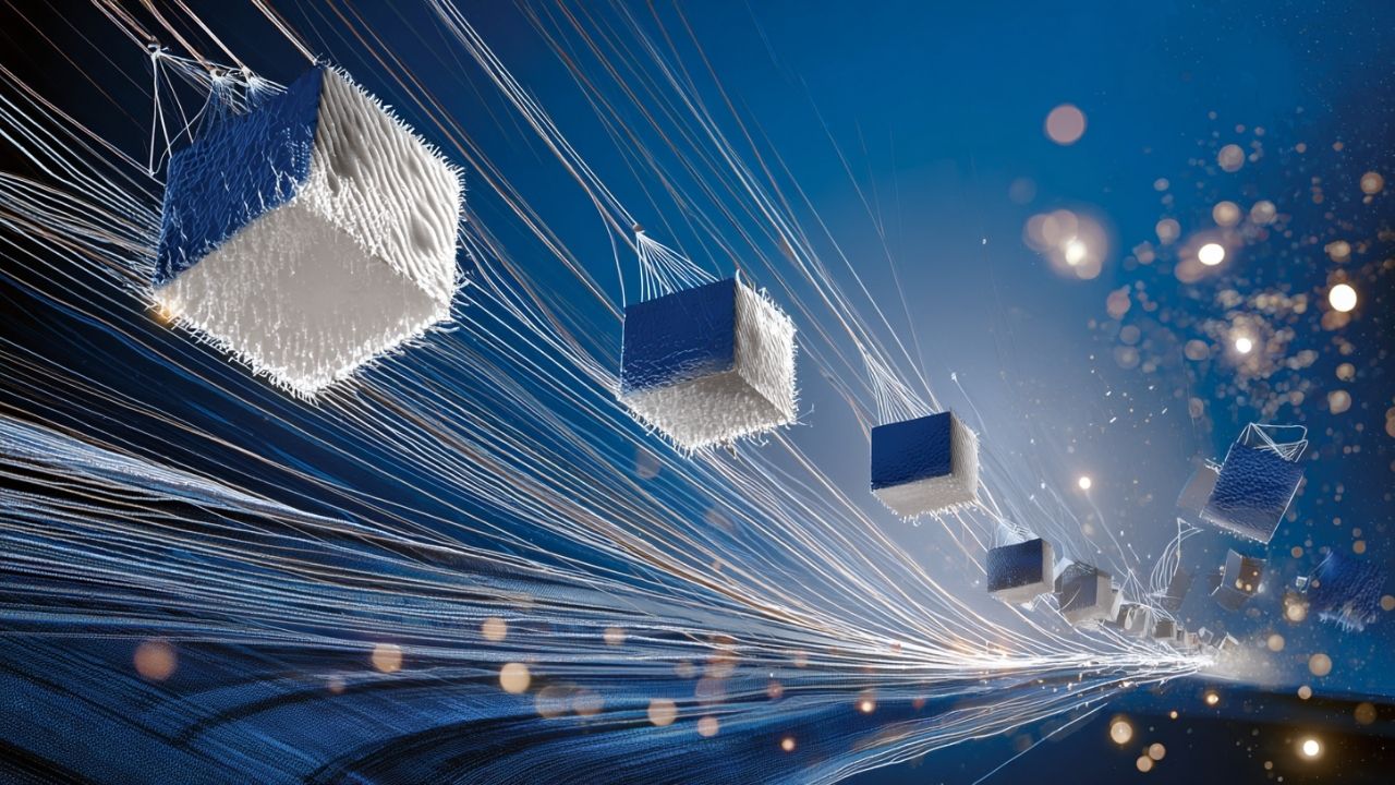 Futuristic cubes suspended in motion with glowing light trails on a blue background