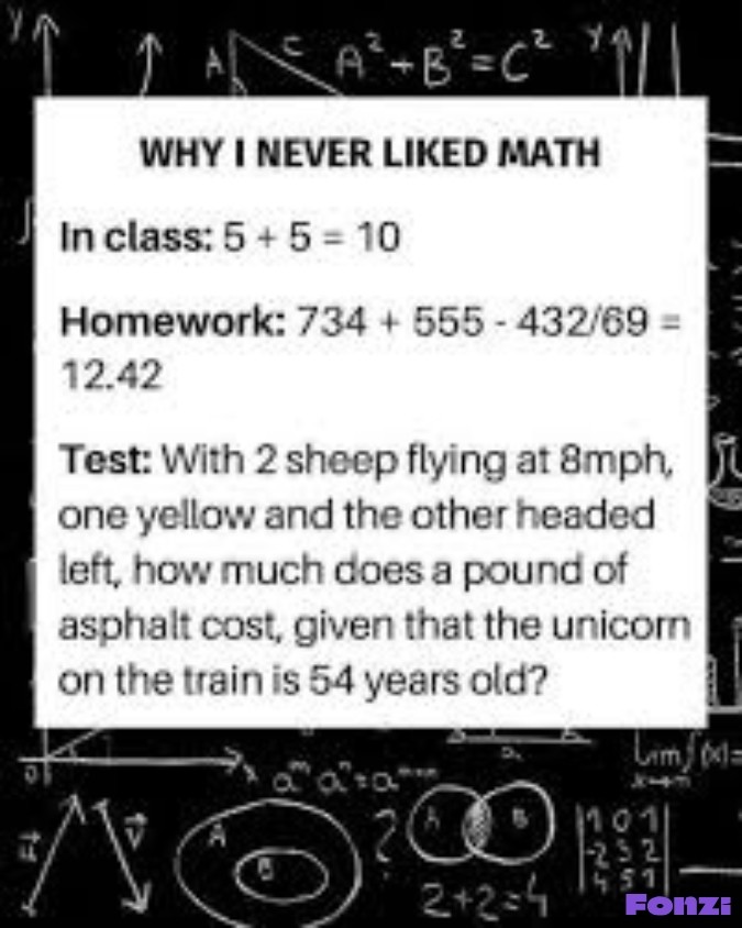 Meme comparing simple math in class, complex equations in homework, and absurd word problems in tests.