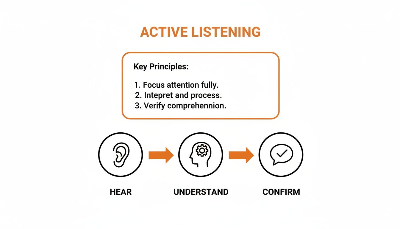 A diagram illustrating active listening with key principles and a three-step process: hear, understand, confirm.