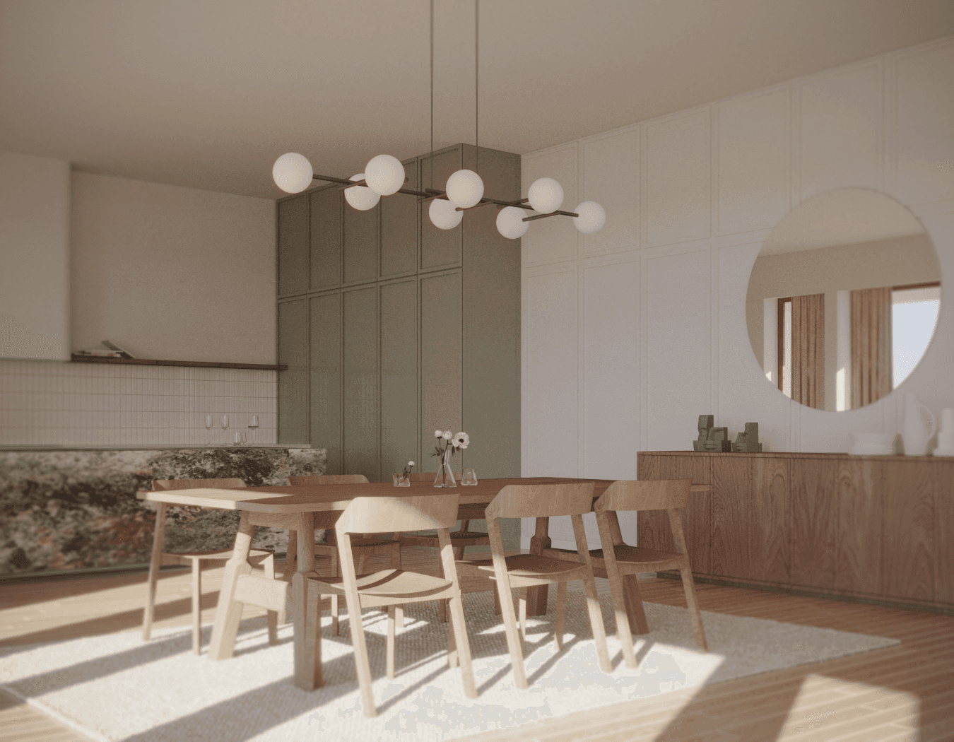 A spacious indoor café with wooden floors, large windows, plants, and a mix of seating areas and workspace.