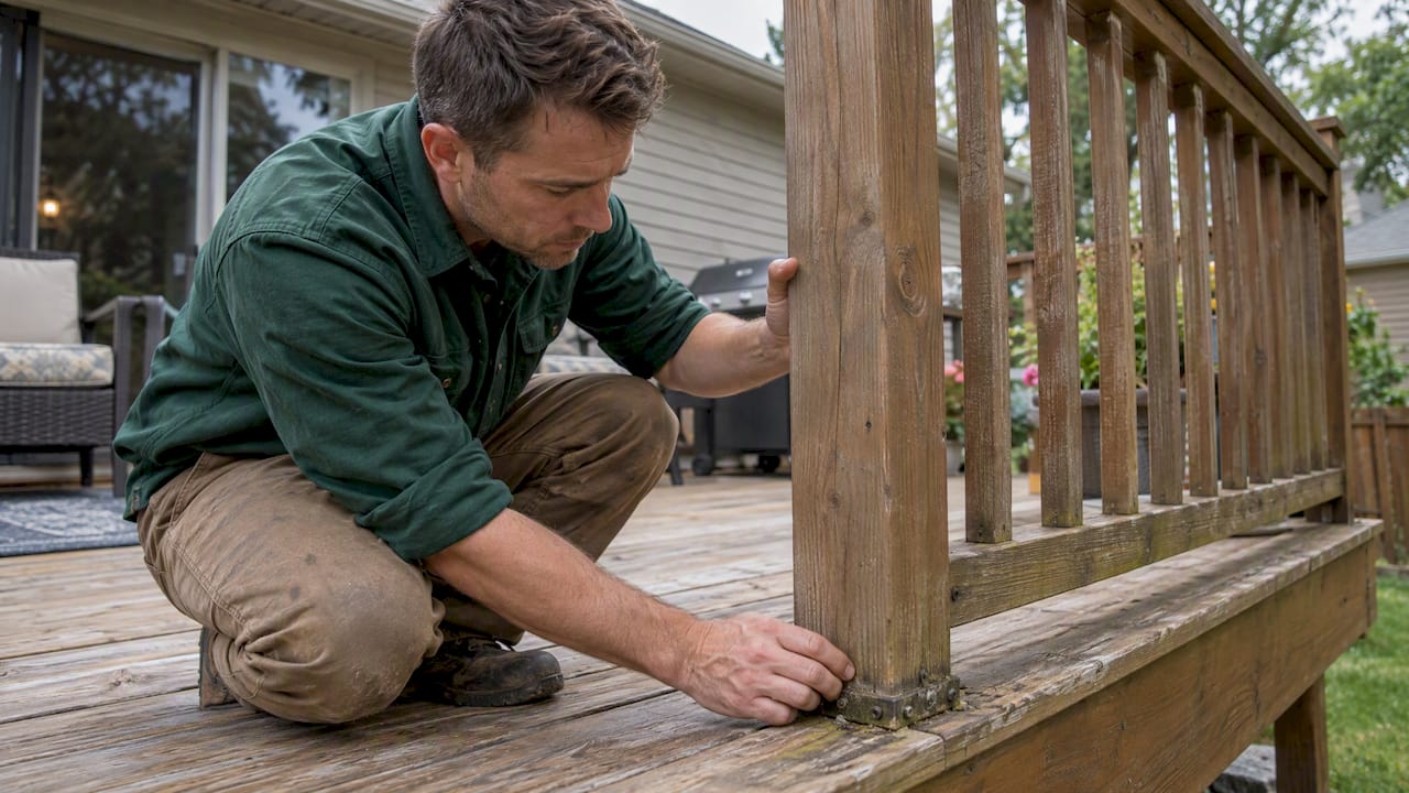 Contractor inspecting a loose deck railing connection
