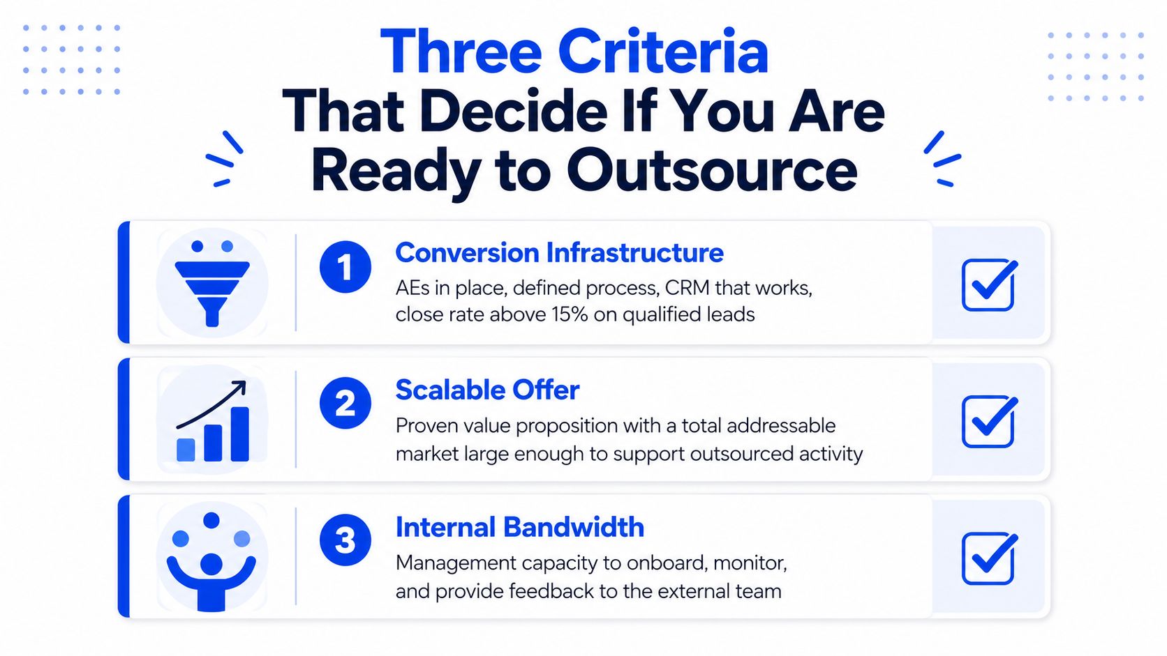 A graphic listing three criteria for businesses to determine if they are ready to outsource sales.