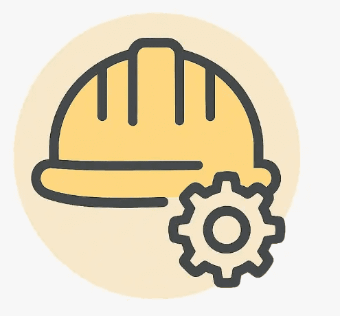 Icône flat design représentant le secteur Industrie et BTP avec un symbole de chantier et un engrenage pour illustrer l'automatisation IA