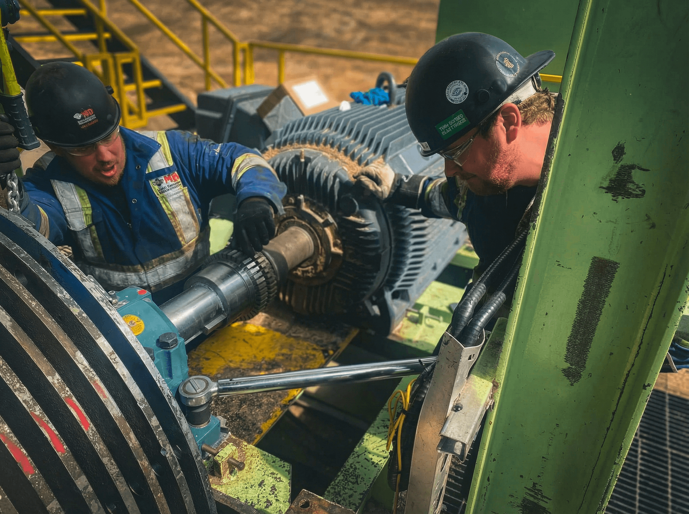 Group of people gathered around a wooden table with laptops, shaking hands during a team meeting.