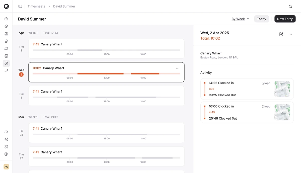 The Timesheets tab in Onetrace showing daily clock-in and out for an operative. One day is highlighted with details and maps.