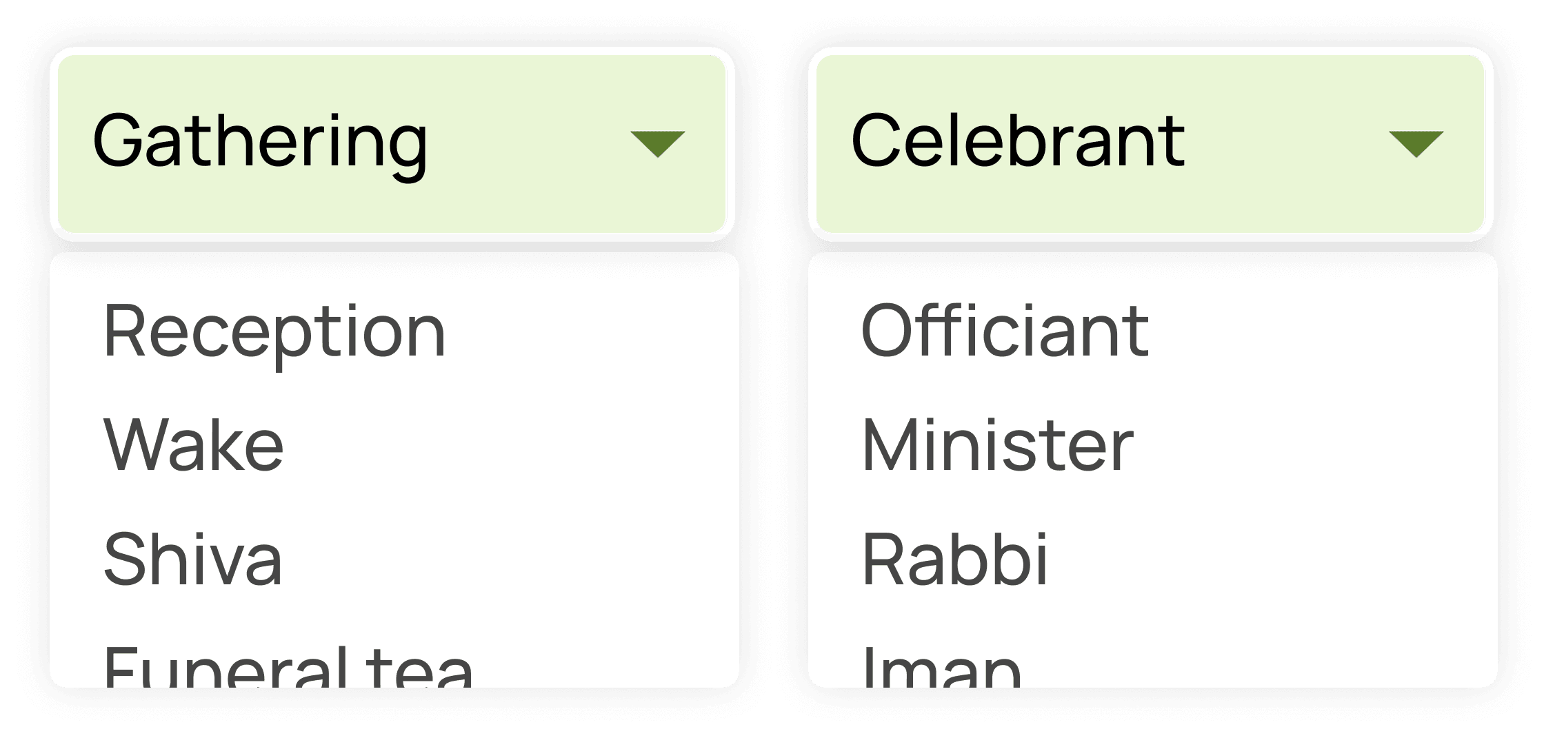 Screenshot of options for spreadsheet wording - gathering and celebrant