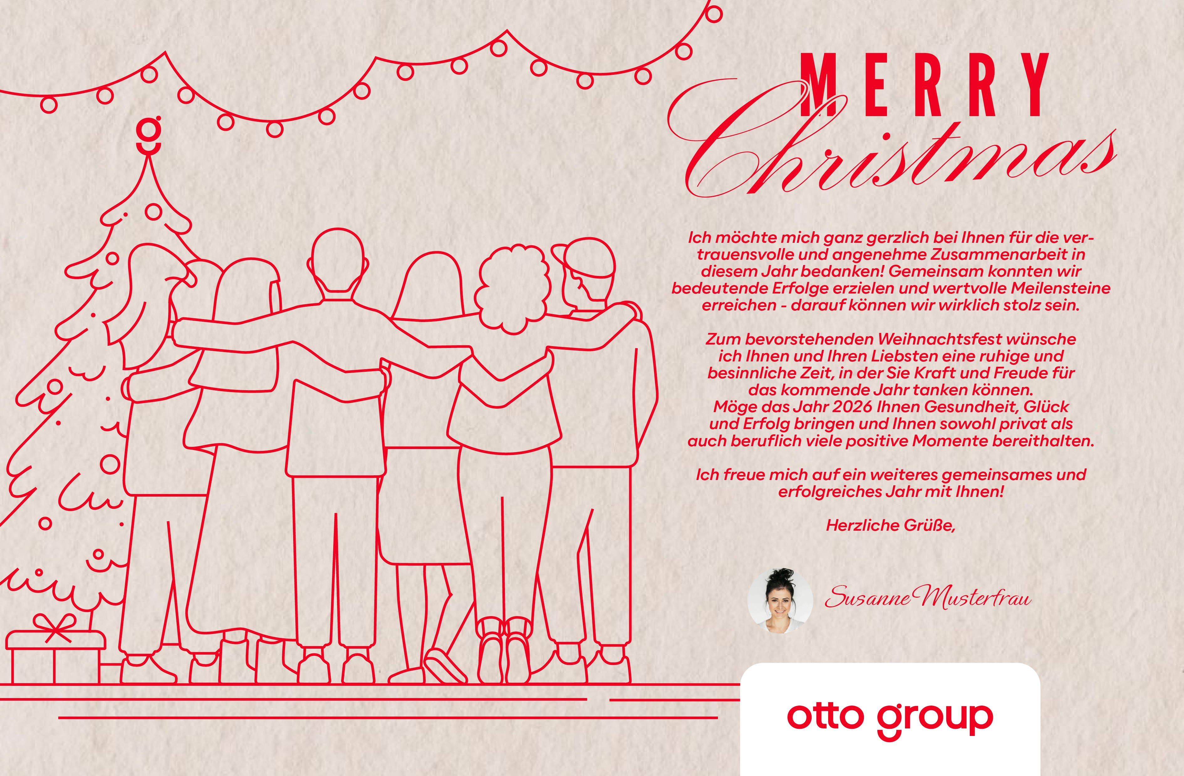 Minimalistisches Design einer Weihnachtskarte mit einer roten Outlineillustration im Otto Group Stil. Zu sehen ist eine Gruppe von Menschen, die sich vor einem geschmückten Weihnachtsbaum umarmen. Rechts steht der Schriftzug „Merry Christmas“ neben einem persönlichen Grußtext und dem Otto Group Logo.
