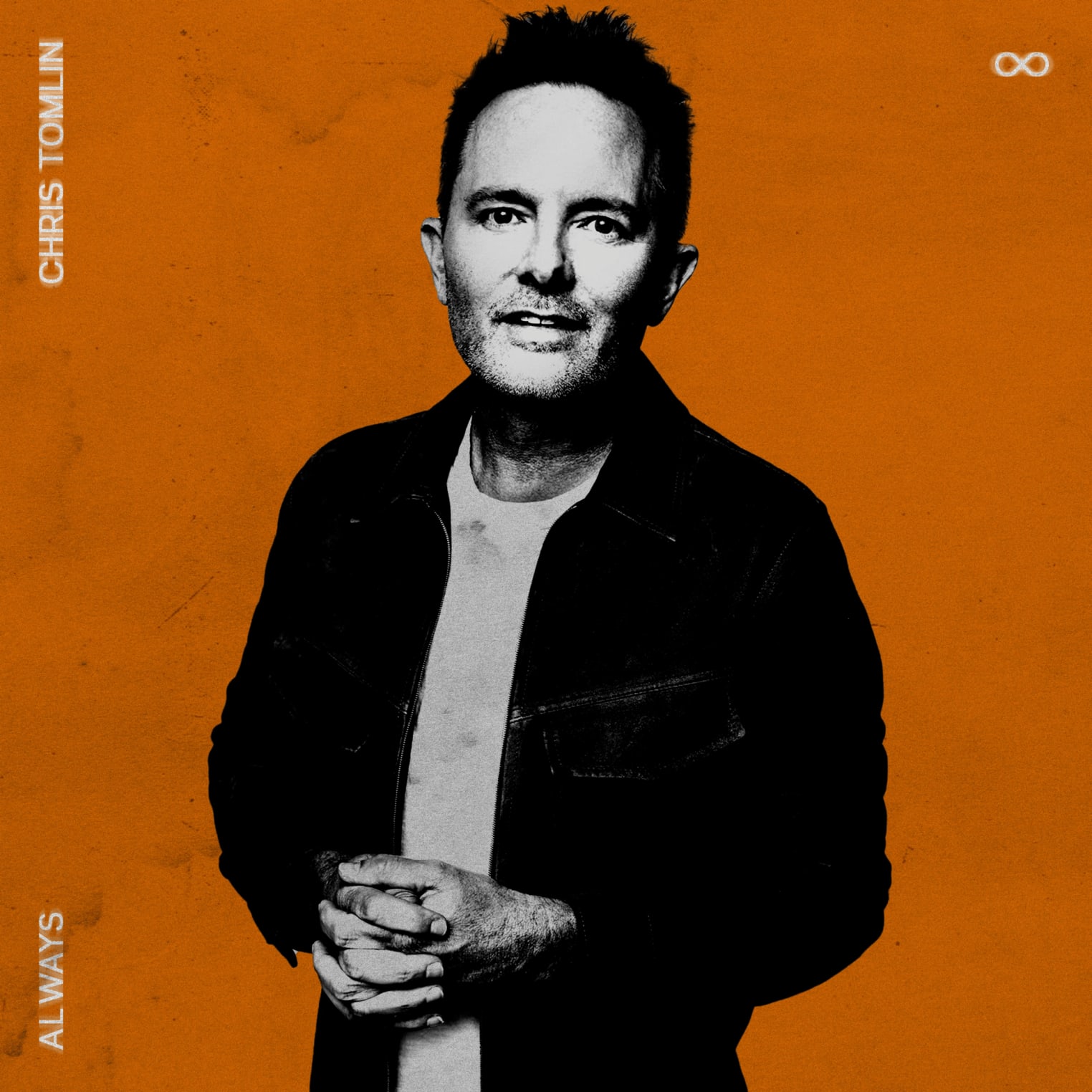 Album artwork for the worship song "Holy Forever" by Chris Tomlin features a bearded man with short hair on an orange background. Text reads Chris Tomlin Always.