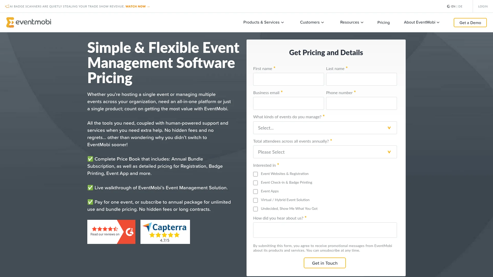 EventMobi event management software pricing page with a request form for event app pricing
