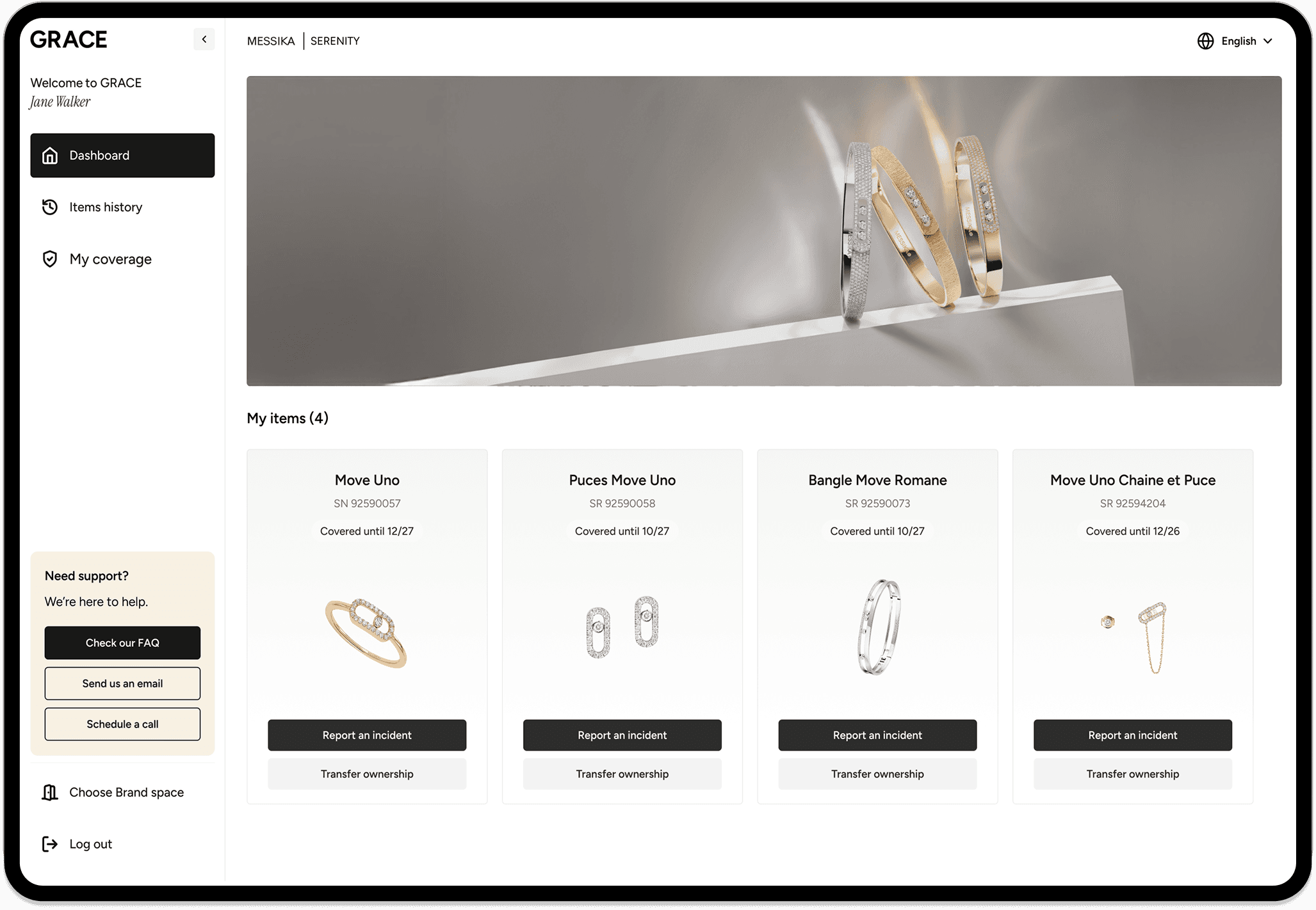 Tableau de bord GRACE x COPIN affichant les bijoux assurés et options de gestion