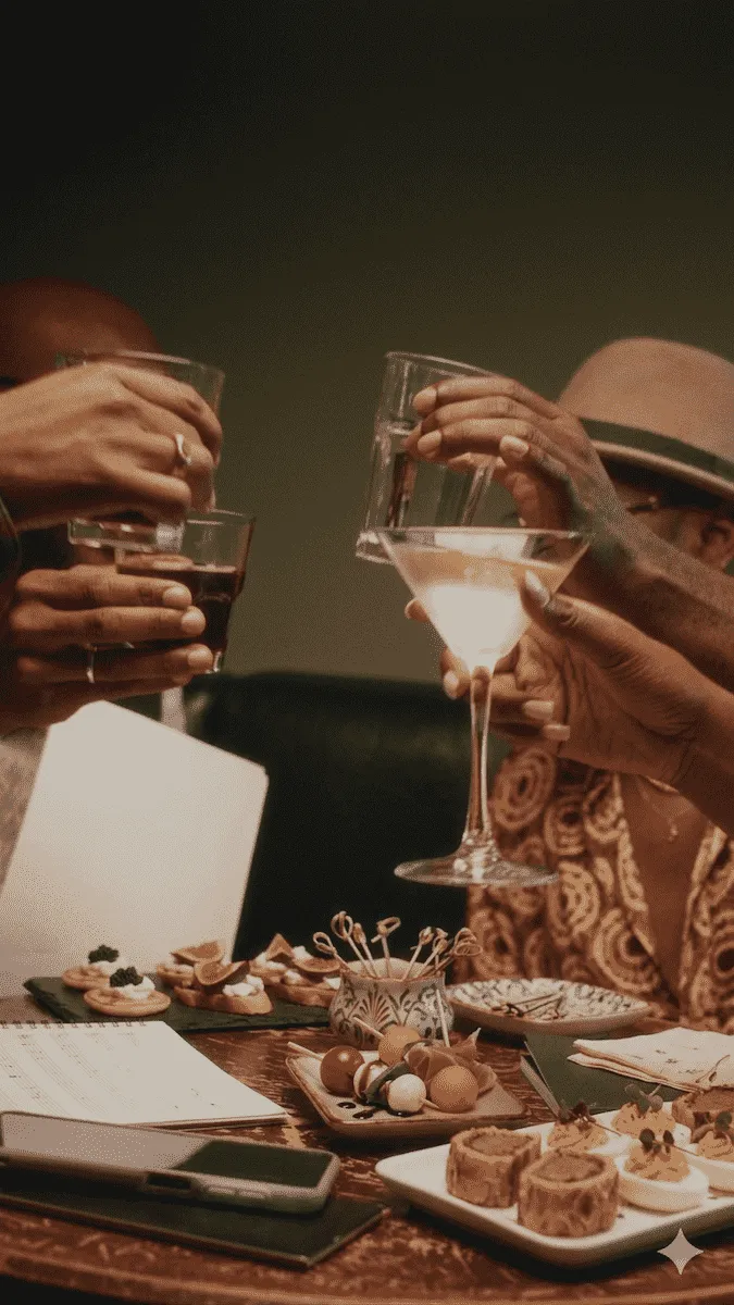 Guests toast with cocktails and appetizers at a rooftop bar in Accra, Ghana.