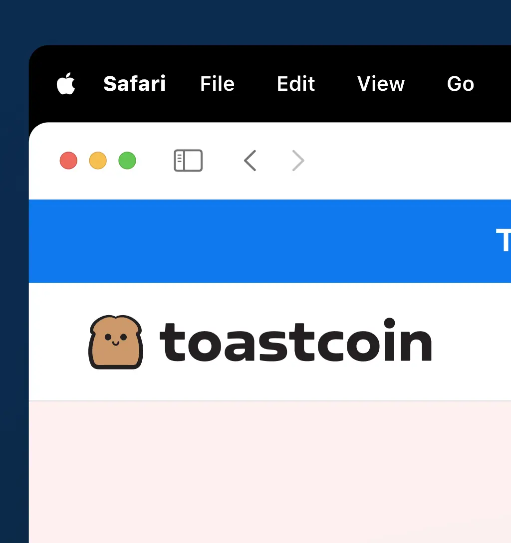 Mockup showing the toastcoin logomark on the top-left of the website.