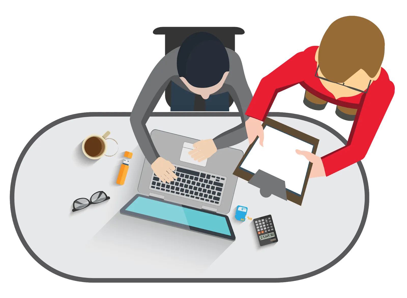 An overhead view illustration of two people collaborating at a white oval desk. One person types on a laptop, while the other holds a clipboard, with a coffee cup, glasses, and other office supplies on the table, symbolizing teamwork or a business meeting.