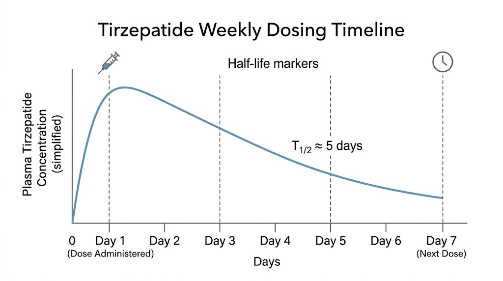Tirzepatide drug levels over 7-day dosing cycle showing half-life decay