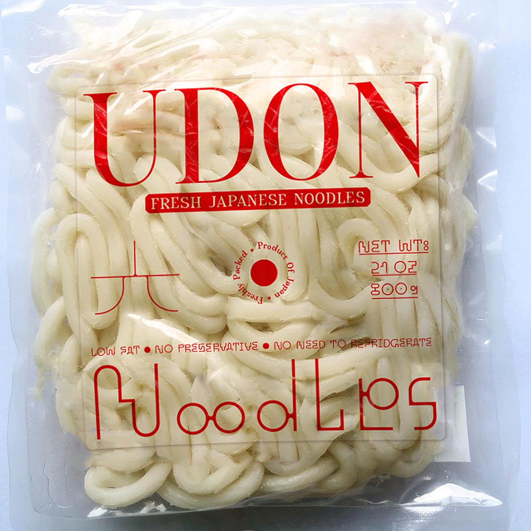 red specimen texts in BHV serif and grotesque on a udon noodle package