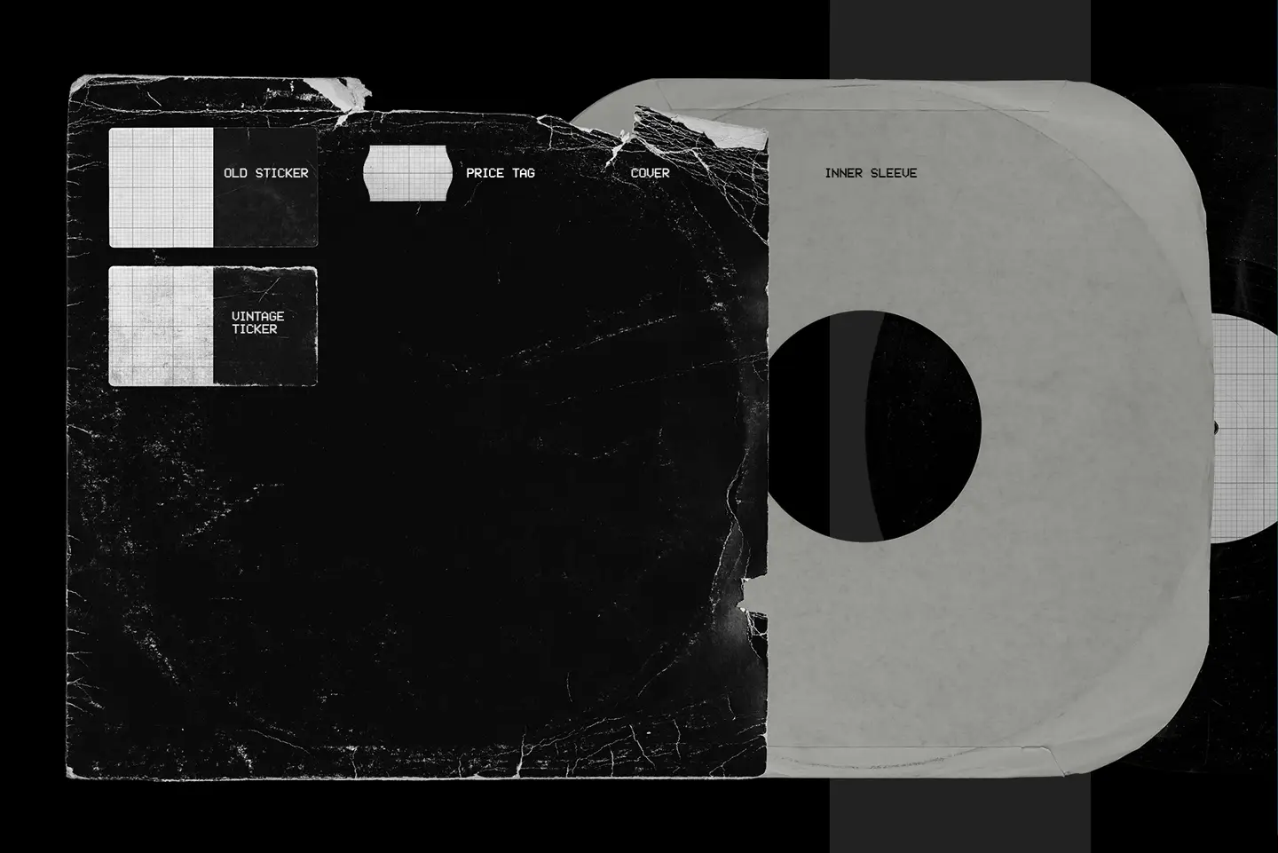 Vinyl record mockup with editable stickers including vintage label and price tag