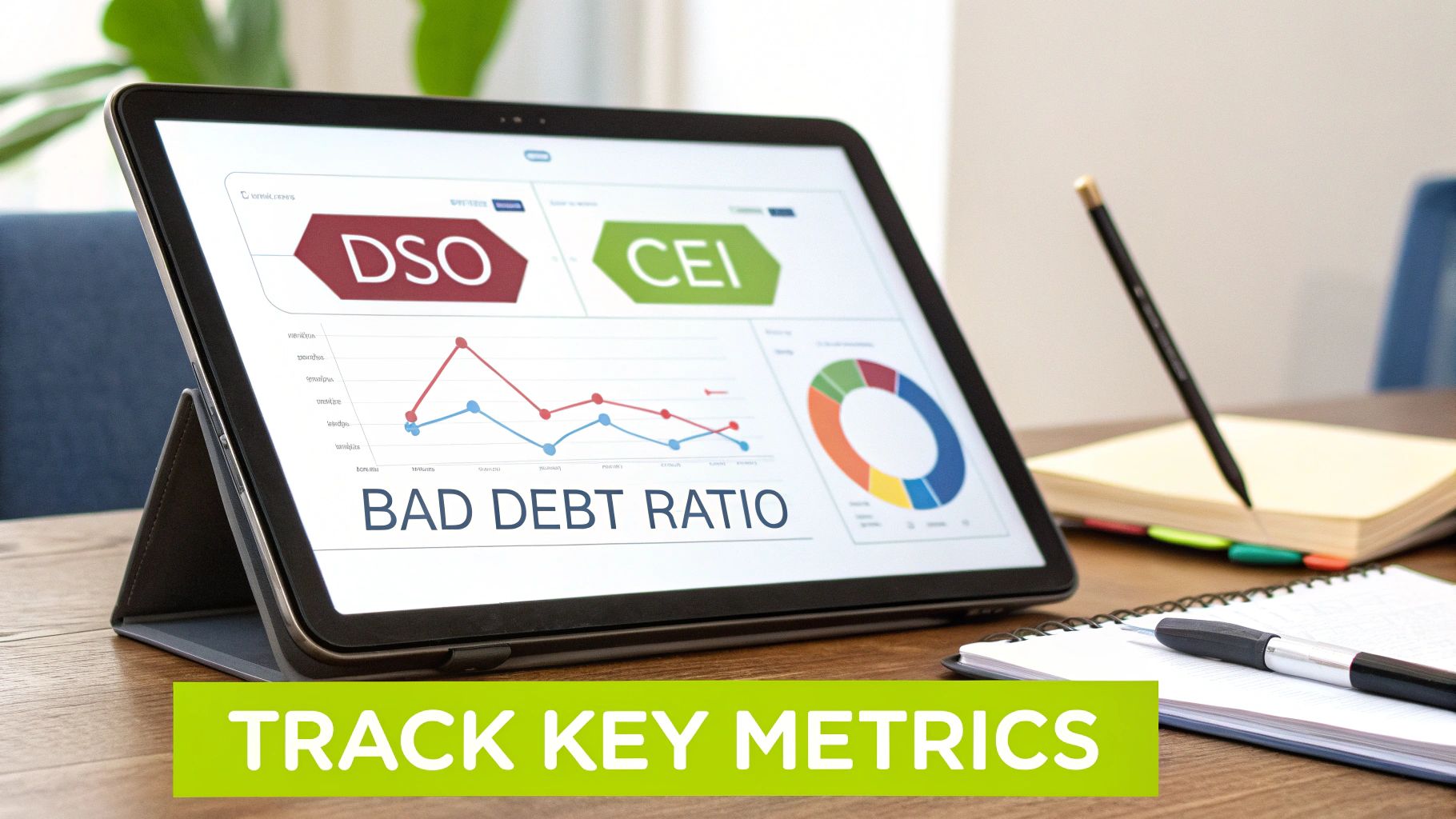 Tablet displaying financial dashboard with DSO, CEI metrics, bad debt ratio graph, and donut chart for tracking key performance indicators