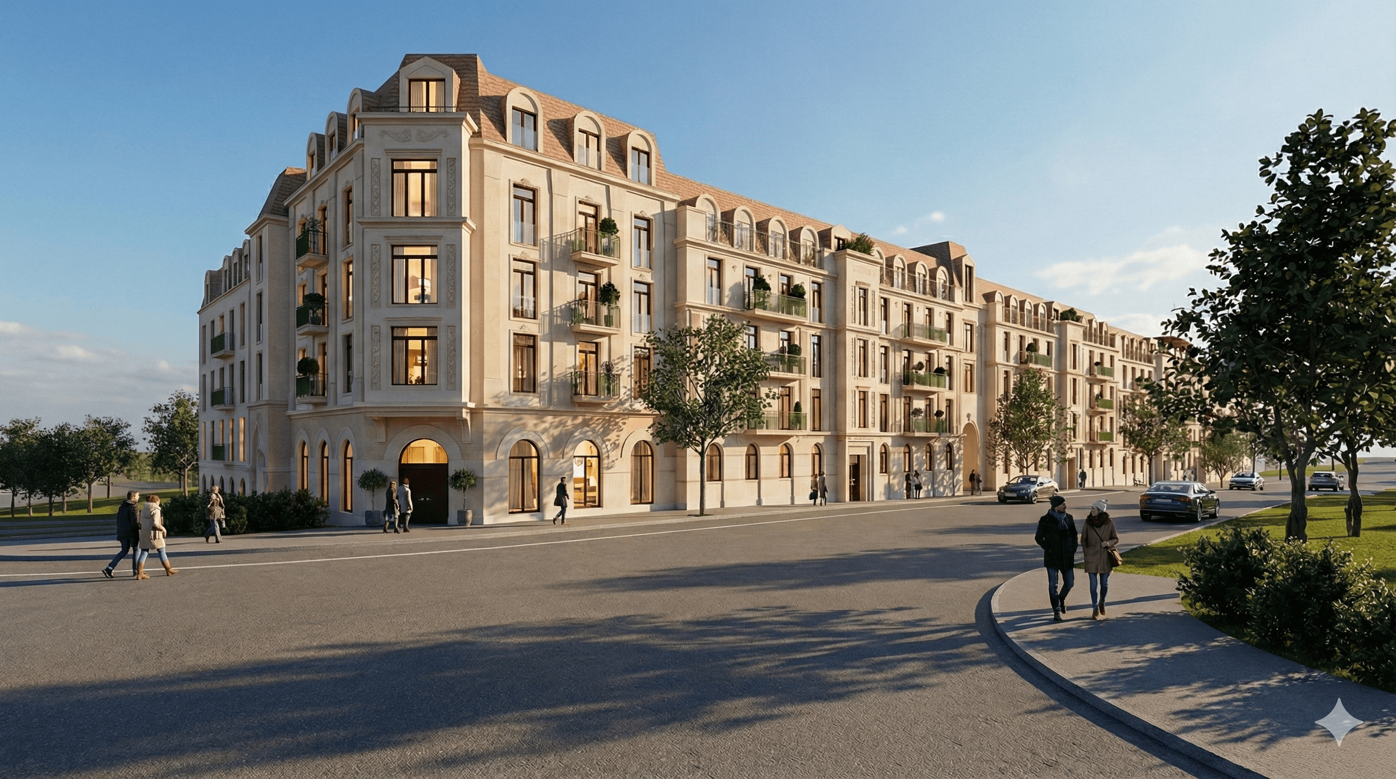 Fasade av HasleHaven langs gate i kveldslys med klassiske detaljer, balkonger og mennesker i byrommet