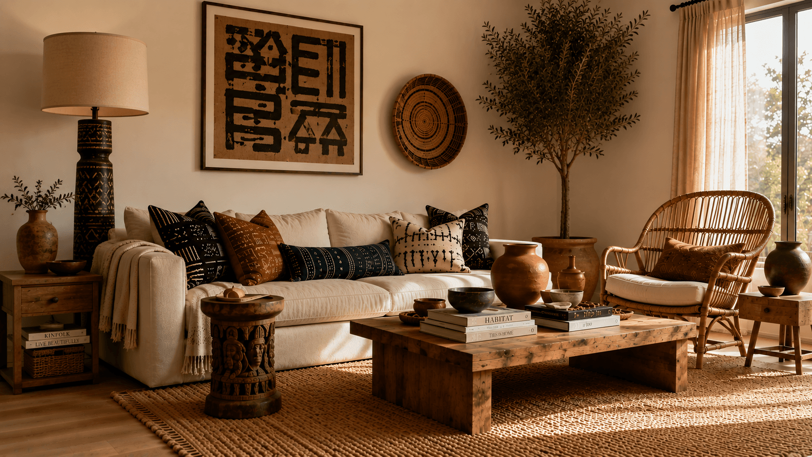 Sophisticated Afrohemian living room with a cream linen sofa, mudcloth pillows, carved African drum side table, mango wood coffee table, rattan accent chair, terracotta pottery, oversized jute rug, and statement African-inspired artwork in warm natural light.