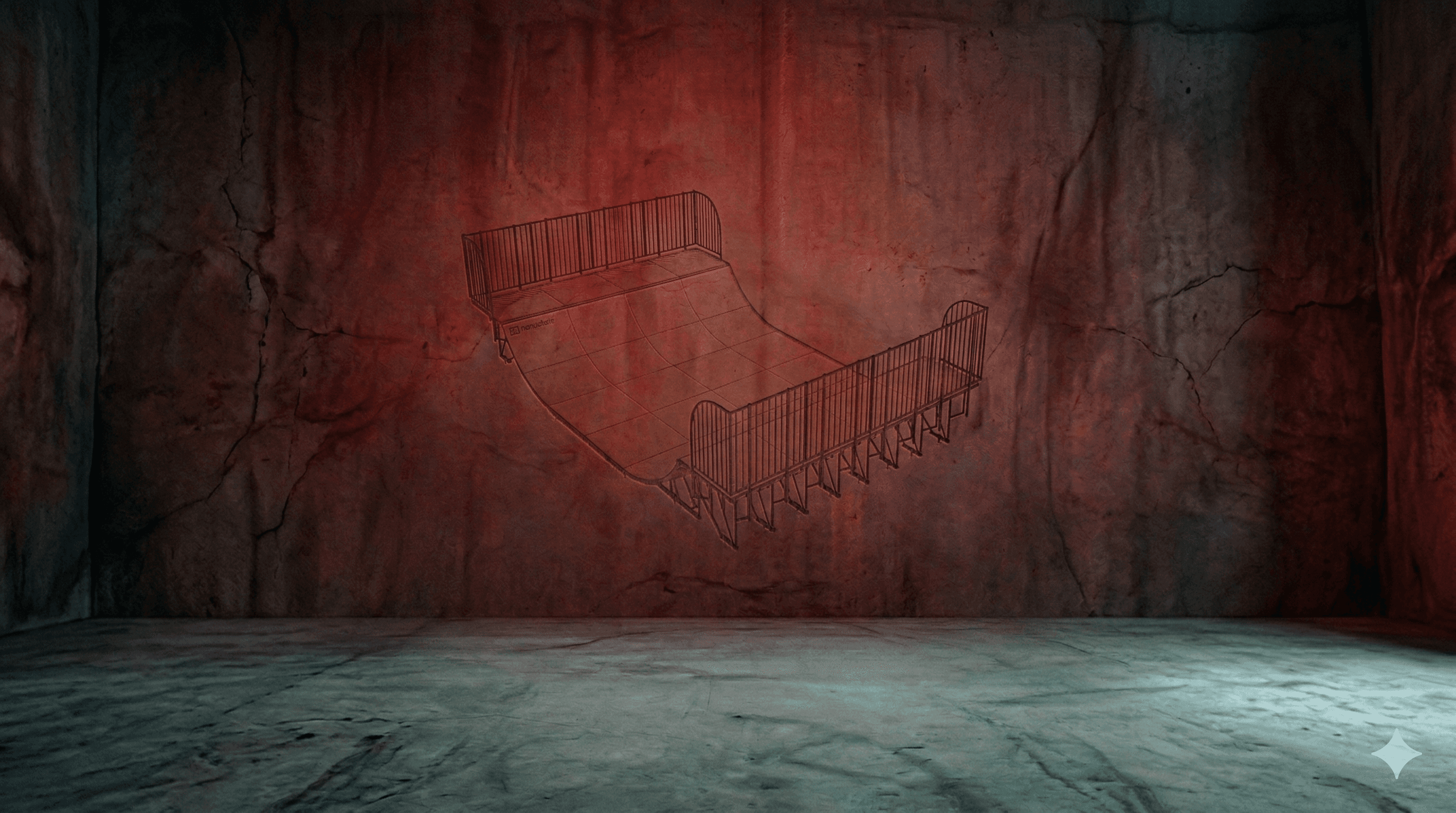 3D rendering of a half-pipe skate ramp against a textured red wall, showcasing urban art and skate culture elements.