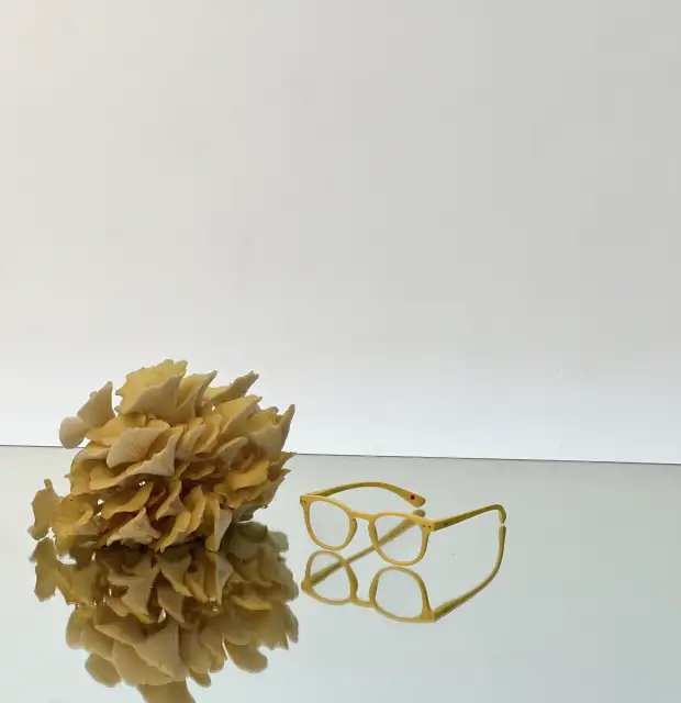 Composición con hongos amarillos y gafas de acetato para fotografía de producto inspirada en texturas naturales.