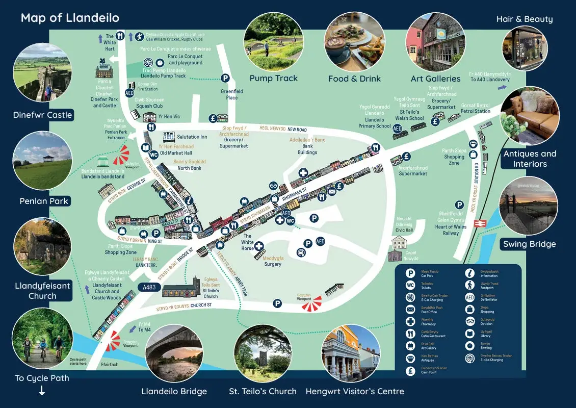 Illustrated map of Llandeilo town centre showing Dinefwr Castle, Penlan Park, St Teilo's Church, Llandeilo Bridge and local amenities