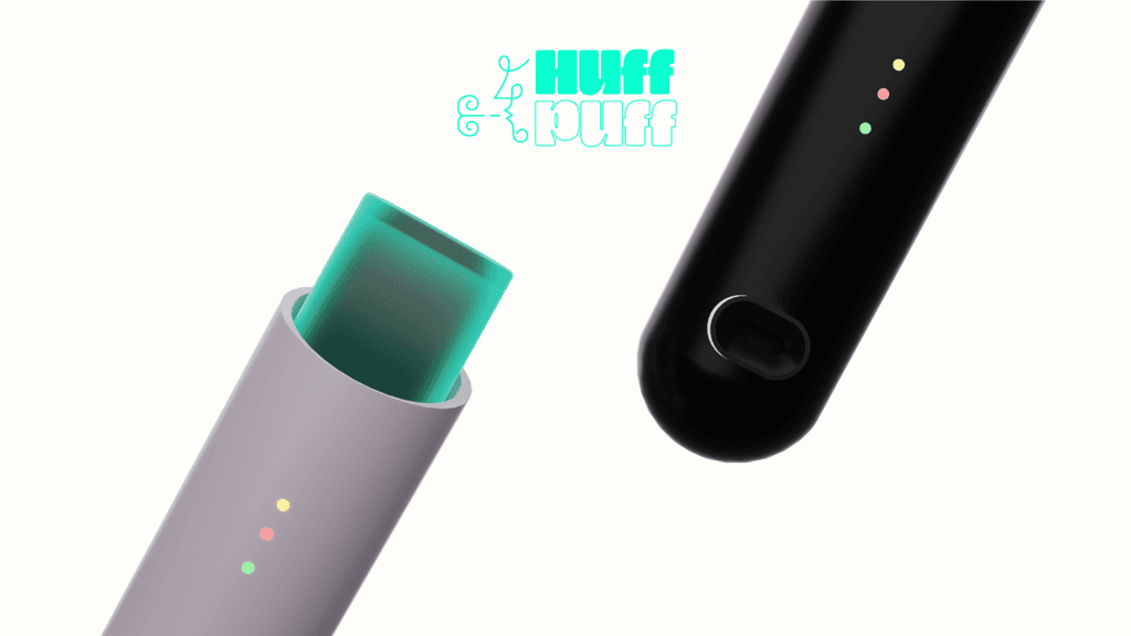 a product design for "HUFF PUFF," which showcases two sleek, modern inhaler-like devices – one black and the other light gray. Both devices have a series of LED indicator lights, with the green mouthpiece of the light gray device prominently visible. The branding "HUFF PUFF" appears in a playful, stylized font above the products.