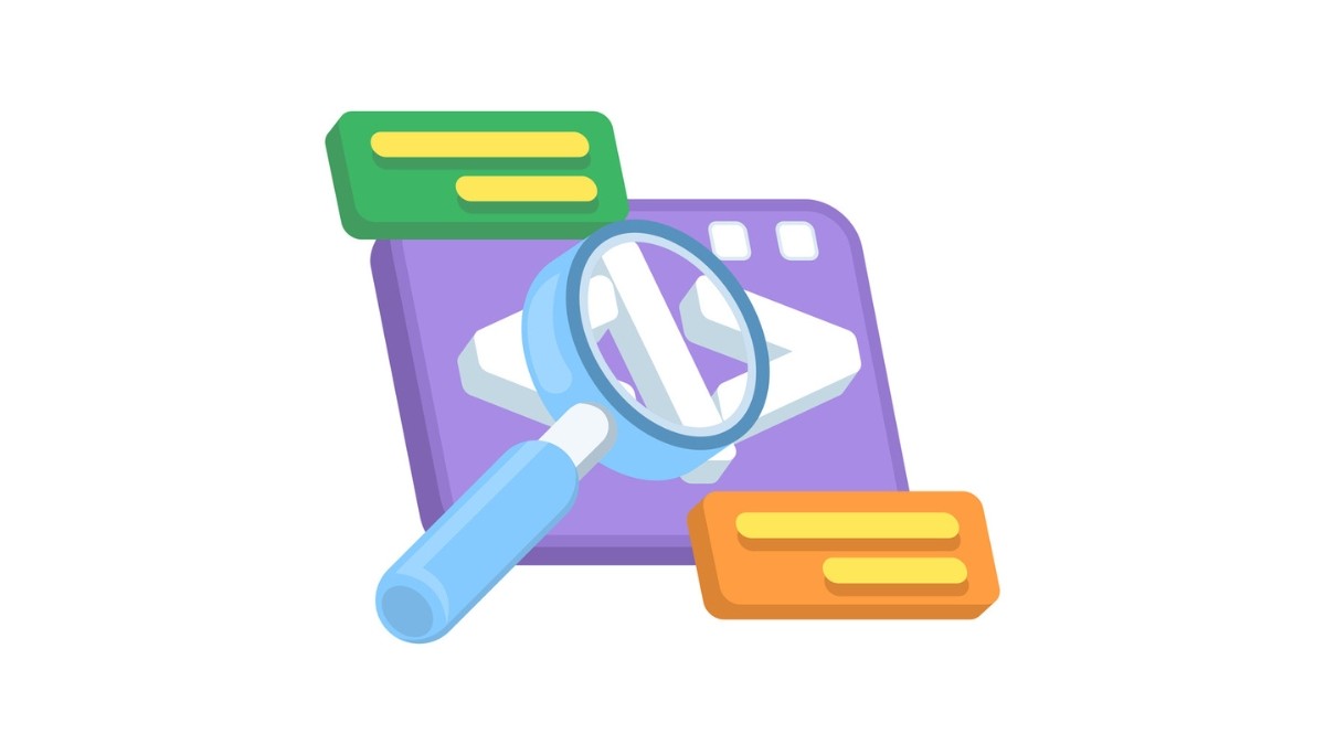 Illustration of a magnifying glass inspecting HTML-style code symbols on a digital interface—representing the process of identifying and referencing JavaScript keycodes using online tools and developer guides.