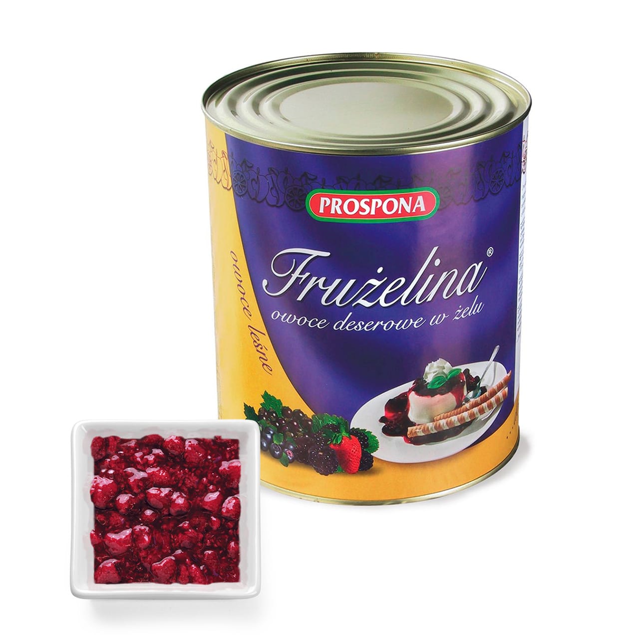 The image features a can of Fruzelina Prospona fruit dessert topping next to a small white dish filled with vibrant red fruit pieces, all set against a white background.