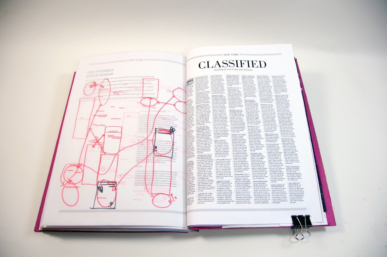 an opened book with circled text portions on the left side, and the right side is title Classified and a lot of small text in columns