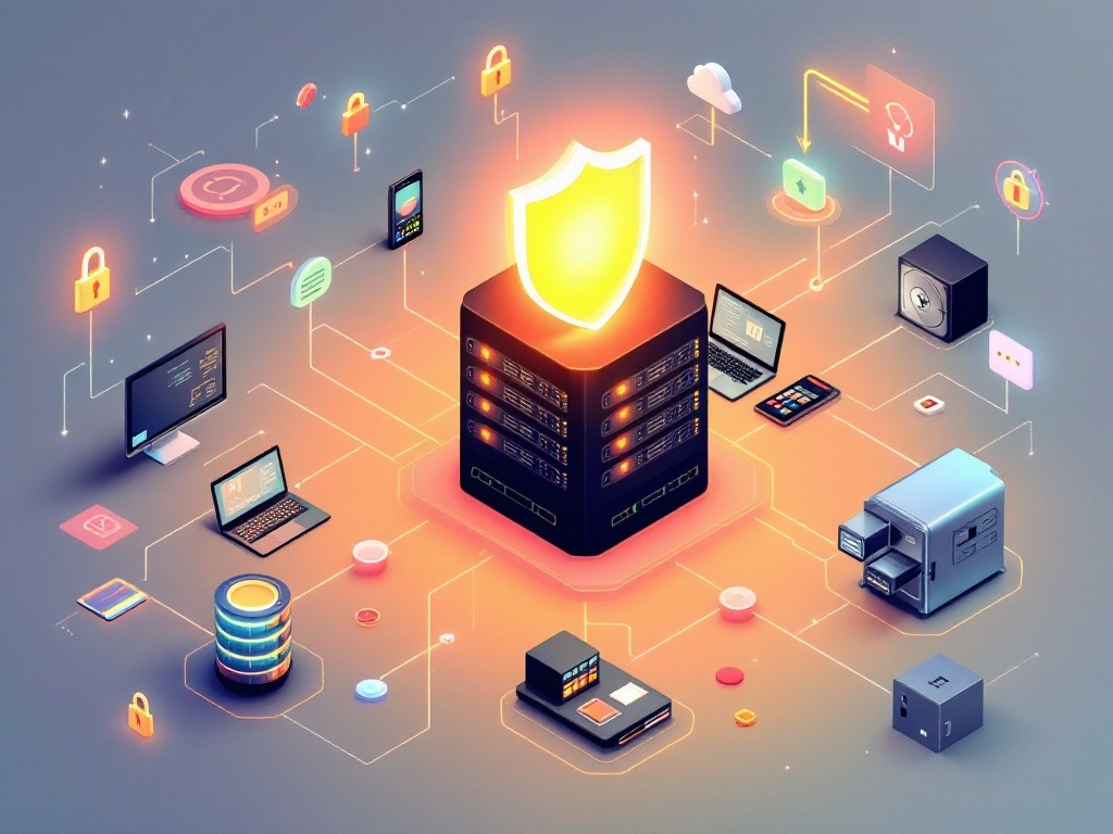 Isometric illustration of a network security system.