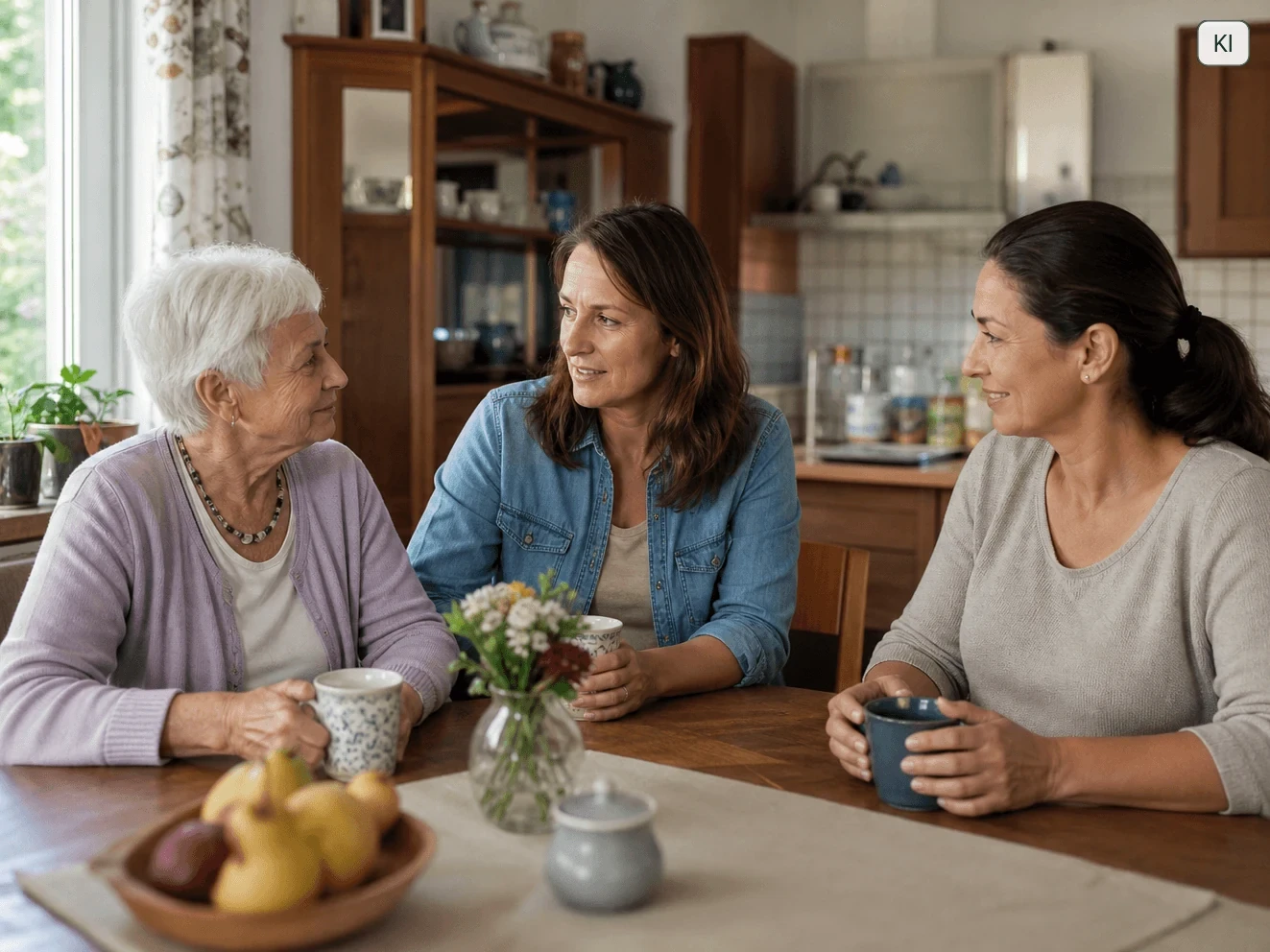 Eine Seniorin, eine Angehörige und eine Betreuungskraft sitzen gemeinsam am Küchentisch.