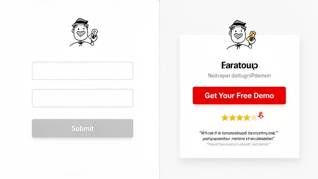 Two website layouts demonstrating a basic form versus a conversion-focused demo request card with ratings and testimonials.