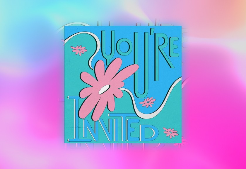 Bright, retro baby shower invite design with bold, bubbly text and colorful floral illustrations on a hot pink and teal background.