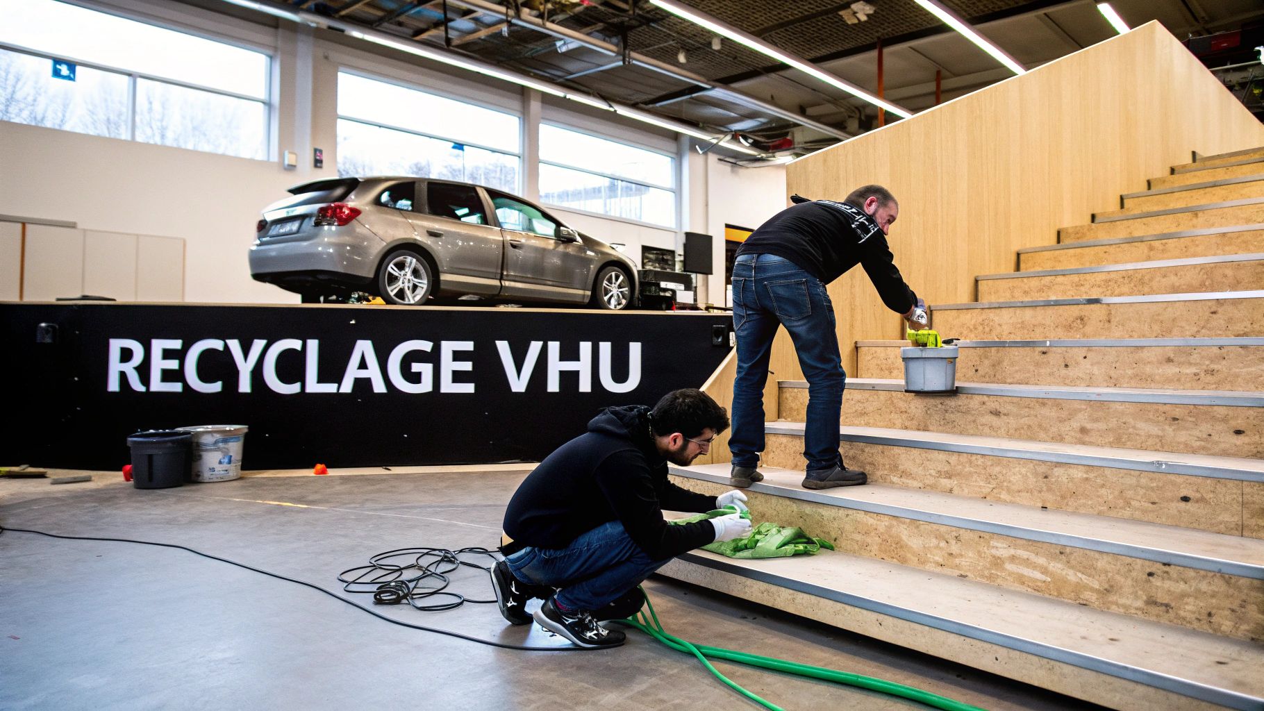 Deux hommes préparent une installation de recyclage de véhicules avec une voiture exposée, devant un escalier en bois.