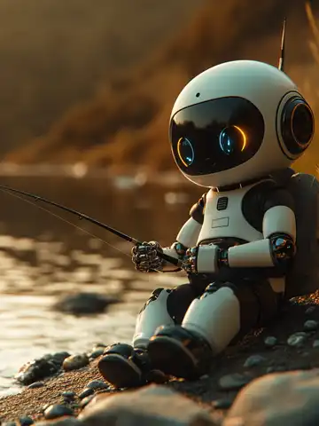 Small robot sitting by the water at sunset