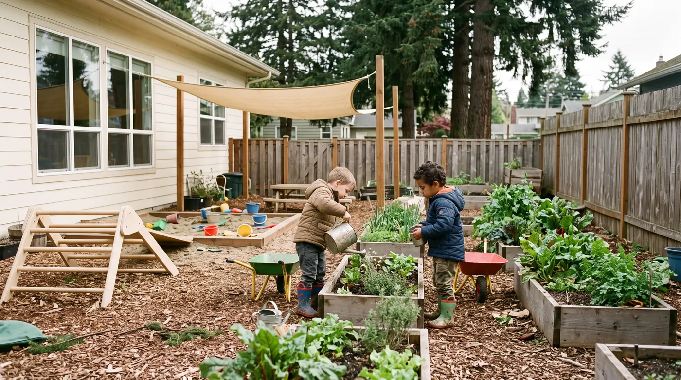 The school garden: raised vegetable beds, a sandpit and a climbing frame, two children watering the plants